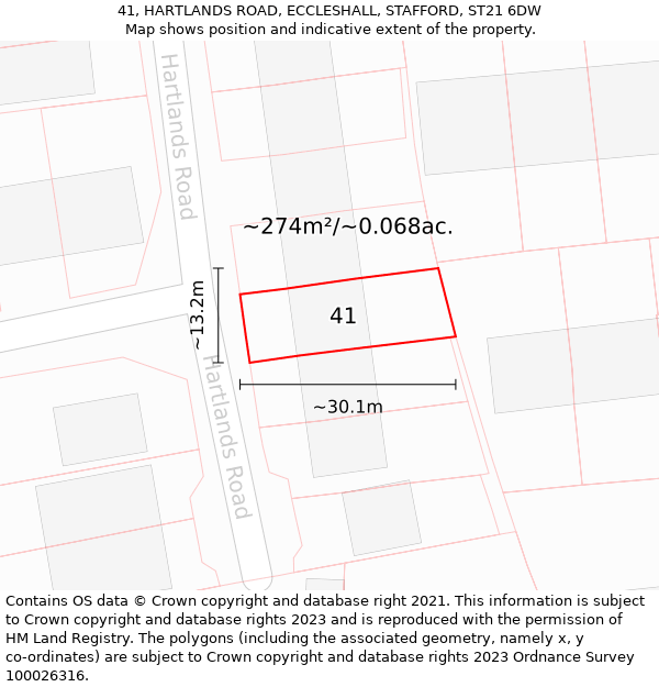 41, HARTLANDS ROAD, ECCLESHALL, STAFFORD, ST21 6DW: Plot and title map