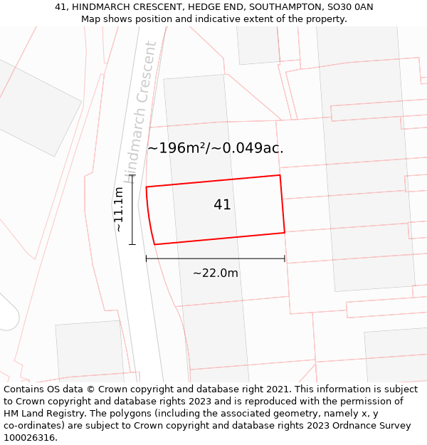 41, HINDMARCH CRESCENT, HEDGE END, SOUTHAMPTON, SO30 0AN: Plot and title map