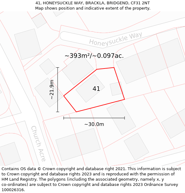 41, HONEYSUCKLE WAY, BRACKLA, BRIDGEND, CF31 2NT: Plot and title map