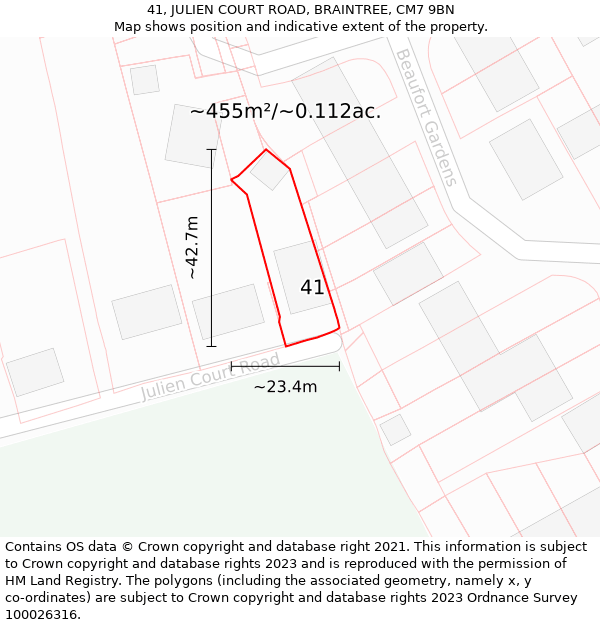 41, JULIEN COURT ROAD, BRAINTREE, CM7 9BN: Plot and title map