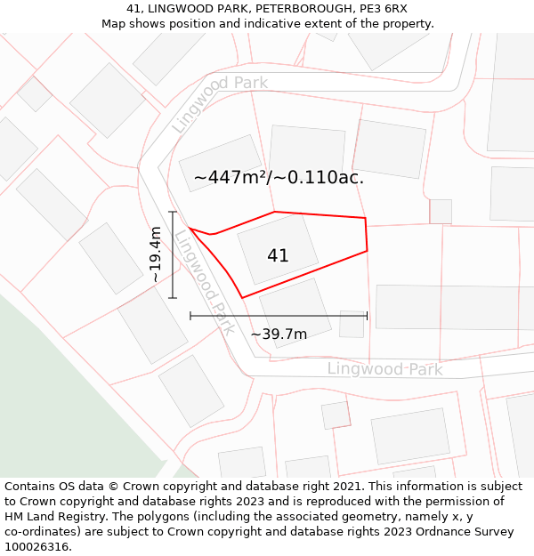 41, LINGWOOD PARK, PETERBOROUGH, PE3 6RX: Plot and title map
