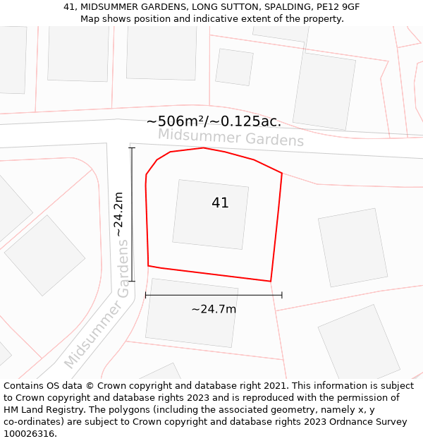 41, MIDSUMMER GARDENS, LONG SUTTON, SPALDING, PE12 9GF: Plot and title map