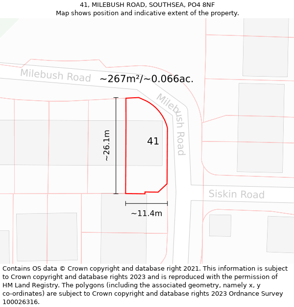 41, MILEBUSH ROAD, SOUTHSEA, PO4 8NF: Plot and title map