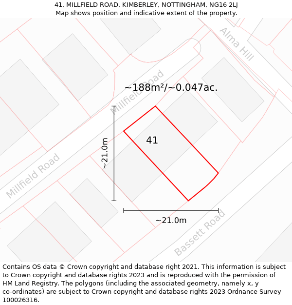 41, MILLFIELD ROAD, KIMBERLEY, NOTTINGHAM, NG16 2LJ: Plot and title map