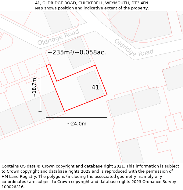 41, OLDRIDGE ROAD, CHICKERELL, WEYMOUTH, DT3 4FN: Plot and title map