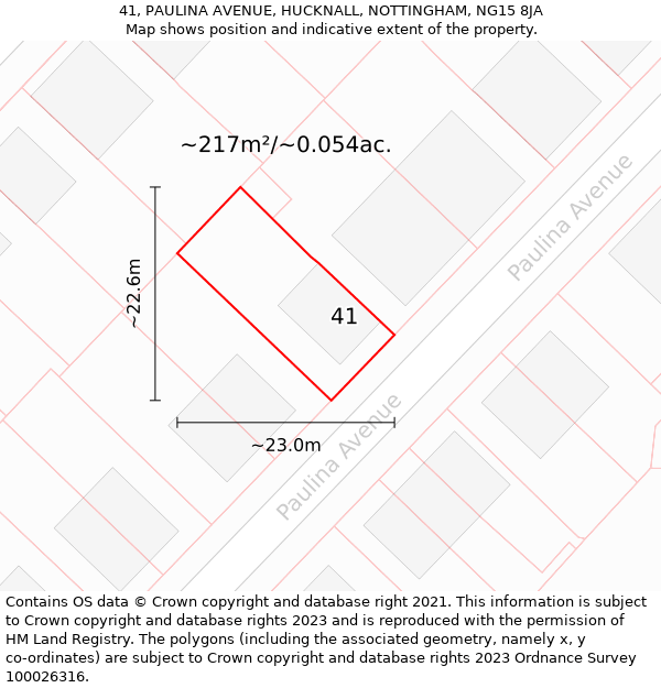 41, PAULINA AVENUE, HUCKNALL, NOTTINGHAM, NG15 8JA: Plot and title map