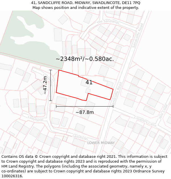 41, SANDCLIFFE ROAD, MIDWAY, SWADLINCOTE, DE11 7PQ: Plot and title map