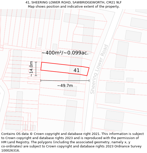 41, SHEERING LOWER ROAD, SAWBRIDGEWORTH, CM21 9LF: Plot and title map