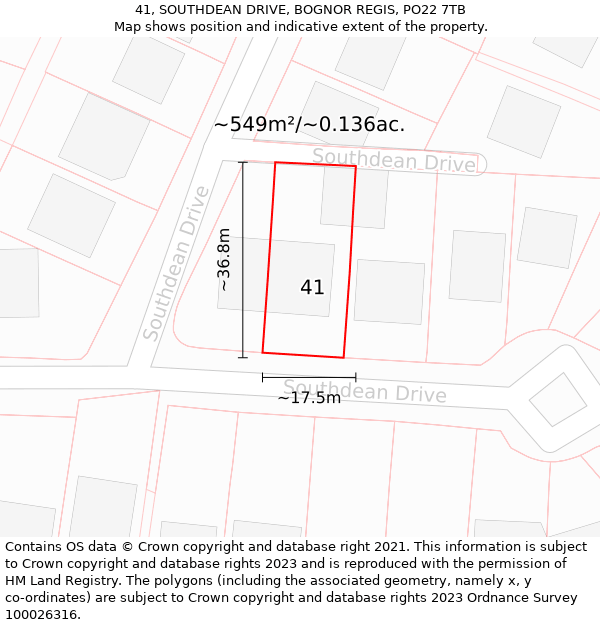 41, SOUTHDEAN DRIVE, BOGNOR REGIS, PO22 7TB: Plot and title map