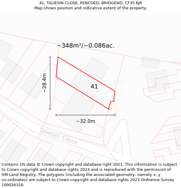 41, TALIESIN CLOSE, PENCOED, BRIDGEND, CF35 6JR: Plot and title map