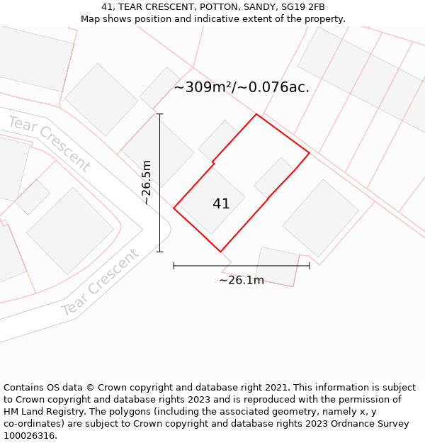 41, TEAR CRESCENT, POTTON, SANDY, SG19 2FB: Plot and title map