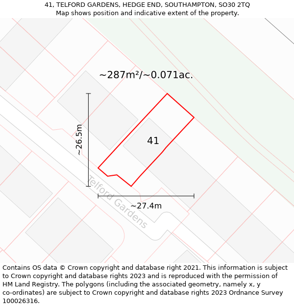 41, TELFORD GARDENS, HEDGE END, SOUTHAMPTON, SO30 2TQ: Plot and title map