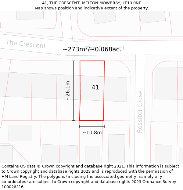 41, THE CRESCENT, MELTON MOWBRAY, LE13 0NF: Plot and title map