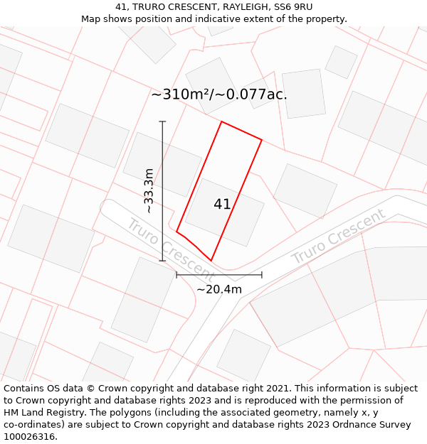 41, TRURO CRESCENT, RAYLEIGH, SS6 9RU: Plot and title map