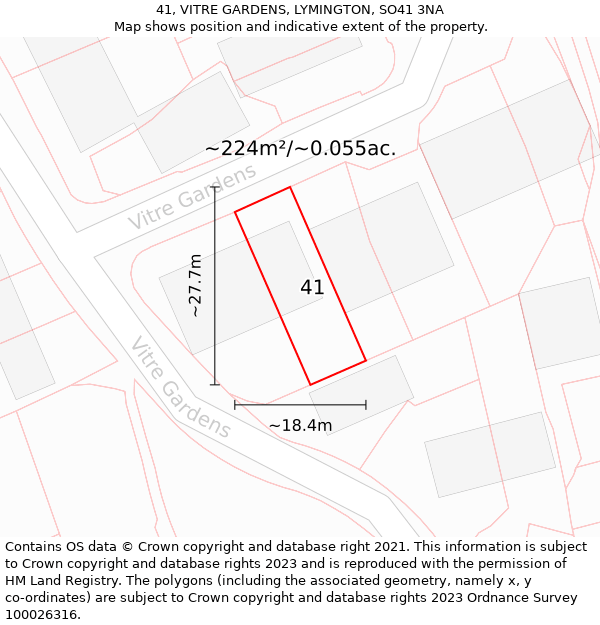 41, VITRE GARDENS, LYMINGTON, SO41 3NA: Plot and title map