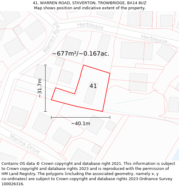 41, WARREN ROAD, STAVERTON, TROWBRIDGE, BA14 8UZ: Plot and title map