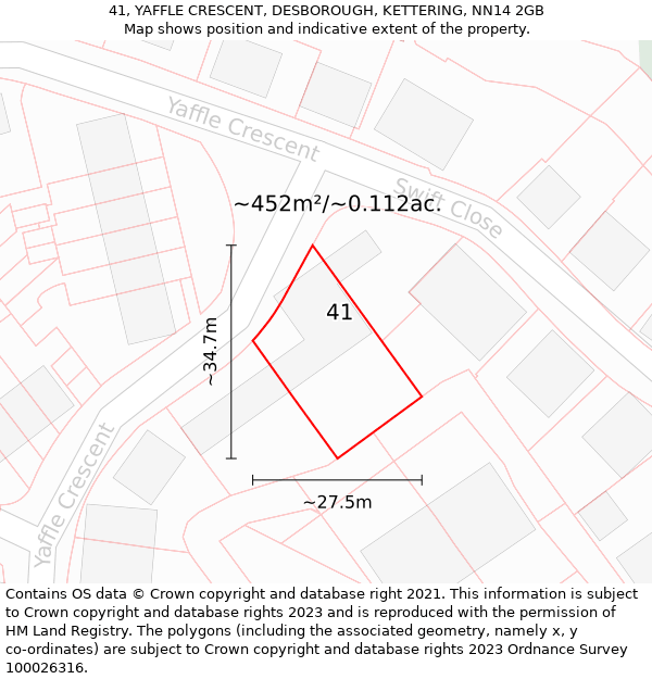 41, YAFFLE CRESCENT, DESBOROUGH, KETTERING, NN14 2GB: Plot and title map