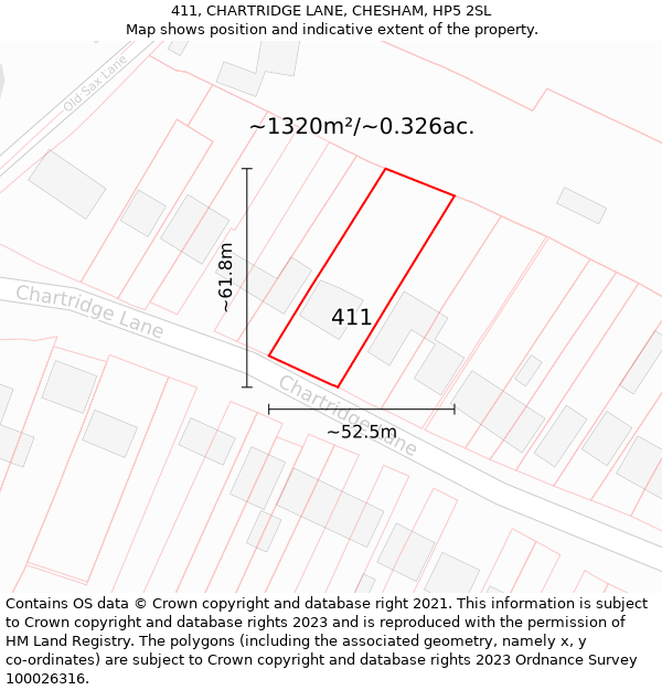 411, CHARTRIDGE LANE, CHESHAM, HP5 2SL: Plot and title map