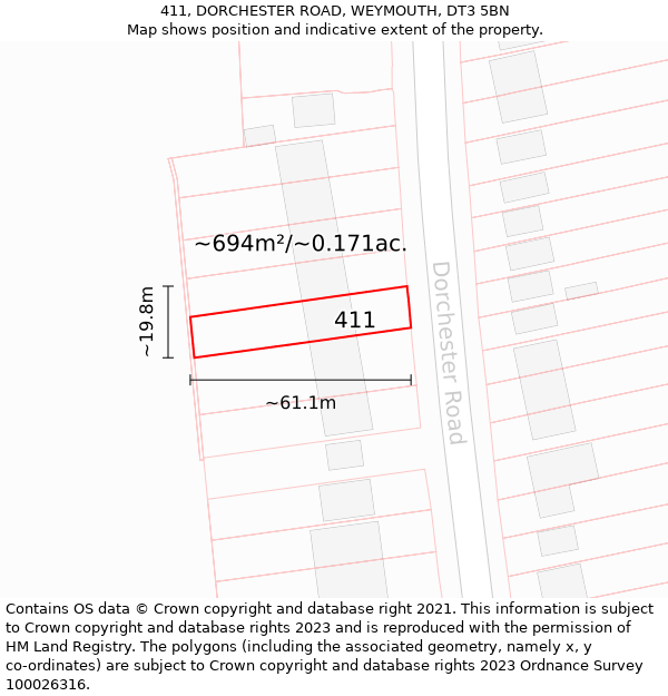 411, DORCHESTER ROAD, WEYMOUTH, DT3 5BN: Plot and title map