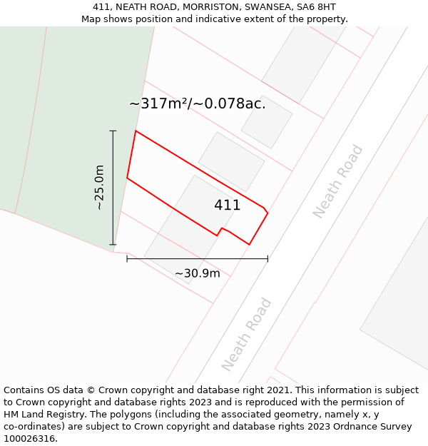 411, NEATH ROAD, MORRISTON, SWANSEA, SA6 8HT: Plot and title map