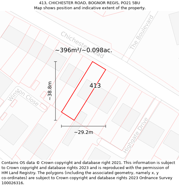 413, CHICHESTER ROAD, BOGNOR REGIS, PO21 5BU: Plot and title map