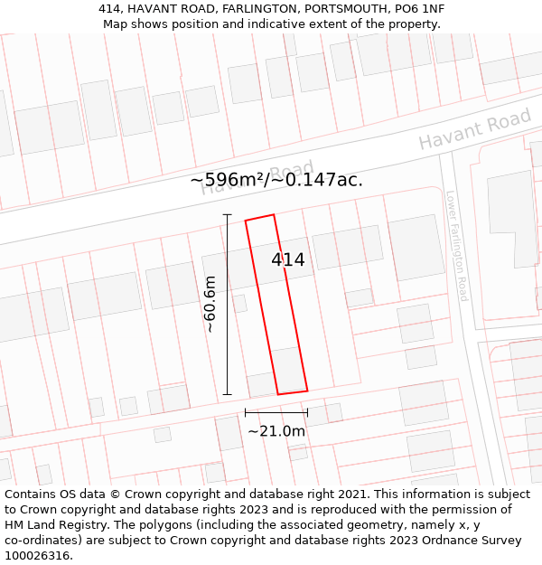 414, HAVANT ROAD, FARLINGTON, PORTSMOUTH, PO6 1NF: Plot and title map