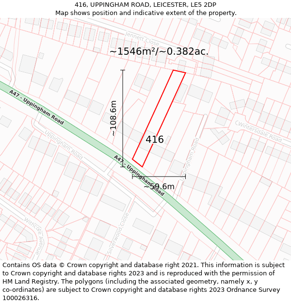 416, UPPINGHAM ROAD, LEICESTER, LE5 2DP: Plot and title map