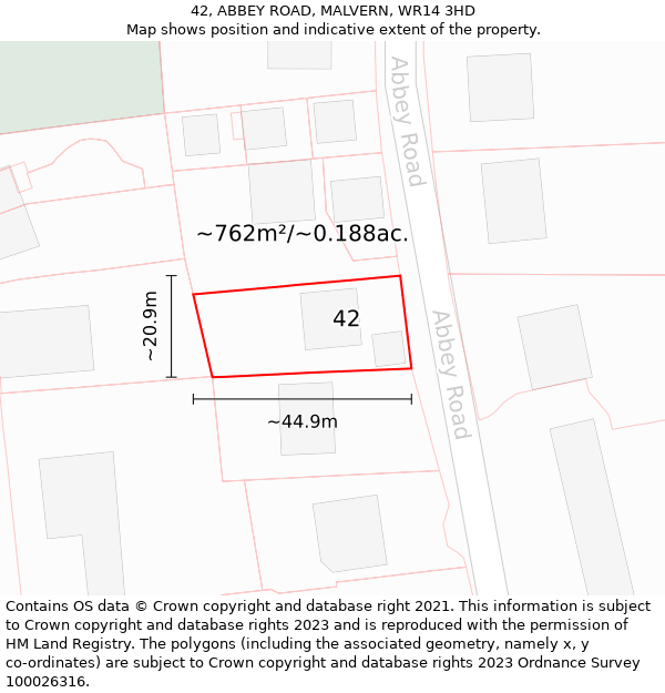 42, ABBEY ROAD, MALVERN, WR14 3HD: Plot and title map