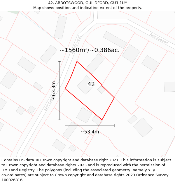 42, ABBOTSWOOD, GUILDFORD, GU1 1UY: Plot and title map