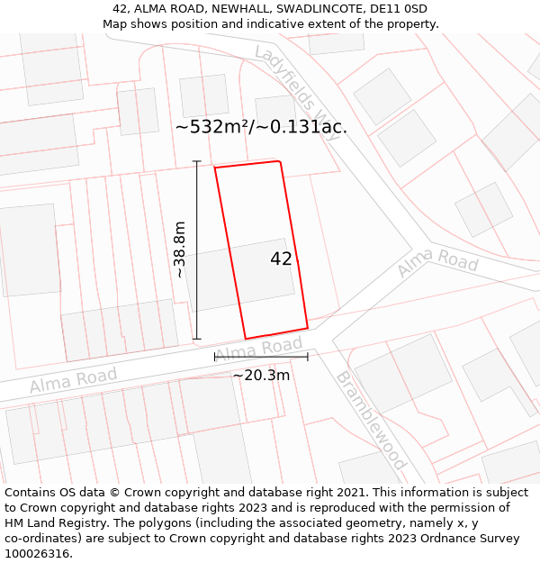 42, ALMA ROAD, NEWHALL, SWADLINCOTE, DE11 0SD: Plot and title map