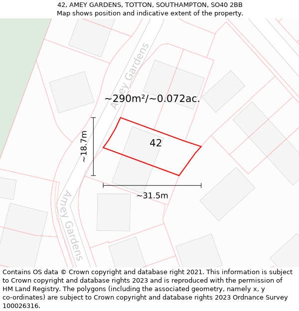 42, AMEY GARDENS, TOTTON, SOUTHAMPTON, SO40 2BB: Plot and title map