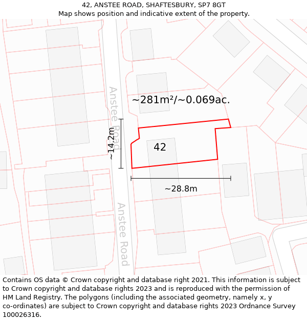 42, ANSTEE ROAD, SHAFTESBURY, SP7 8GT: Plot and title map