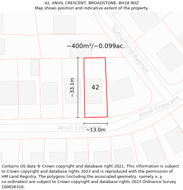 42, ANVIL CRESCENT, BROADSTONE, BH18 9DZ: Plot and title map