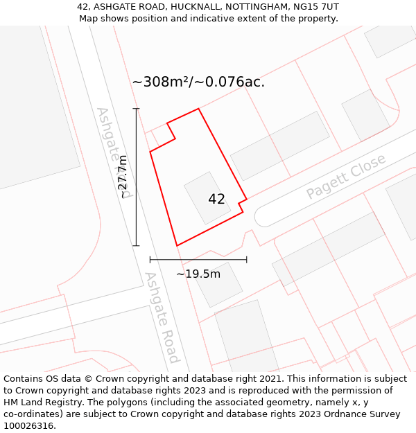 42, ASHGATE ROAD, HUCKNALL, NOTTINGHAM, NG15 7UT: Plot and title map