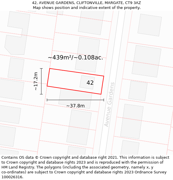 42, AVENUE GARDENS, CLIFTONVILLE, MARGATE, CT9 3AZ: Plot and title map