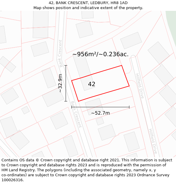 42, BANK CRESCENT, LEDBURY, HR8 1AD: Plot and title map