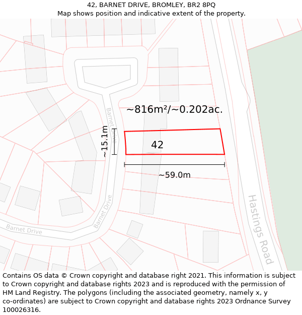 42, BARNET DRIVE, BROMLEY, BR2 8PQ: Plot and title map