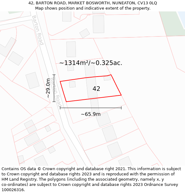 42, BARTON ROAD, MARKET BOSWORTH, NUNEATON, CV13 0LQ: Plot and title map