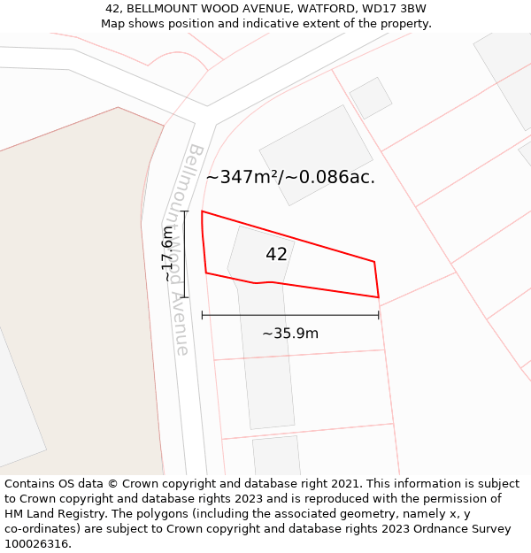 42, BELLMOUNT WOOD AVENUE, WATFORD, WD17 3BW: Plot and title map
