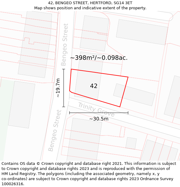 42, BENGEO STREET, HERTFORD, SG14 3ET: Plot and title map