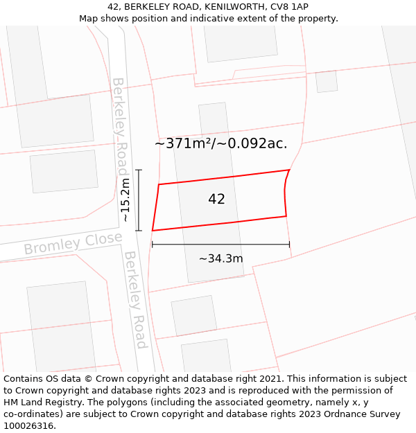 42, BERKELEY ROAD, KENILWORTH, CV8 1AP: Plot and title map