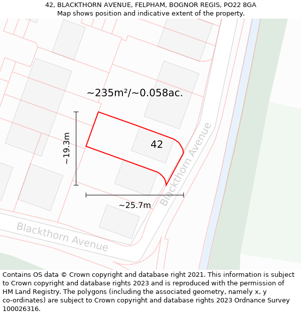 42, BLACKTHORN AVENUE, FELPHAM, BOGNOR REGIS, PO22 8GA: Plot and title map