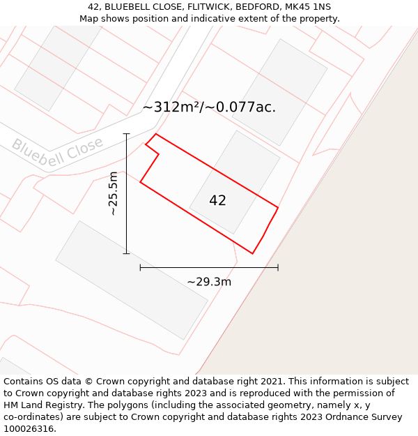 42, BLUEBELL CLOSE, FLITWICK, BEDFORD, MK45 1NS: Plot and title map