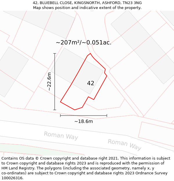 42, BLUEBELL CLOSE, KINGSNORTH, ASHFORD, TN23 3NG: Plot and title map