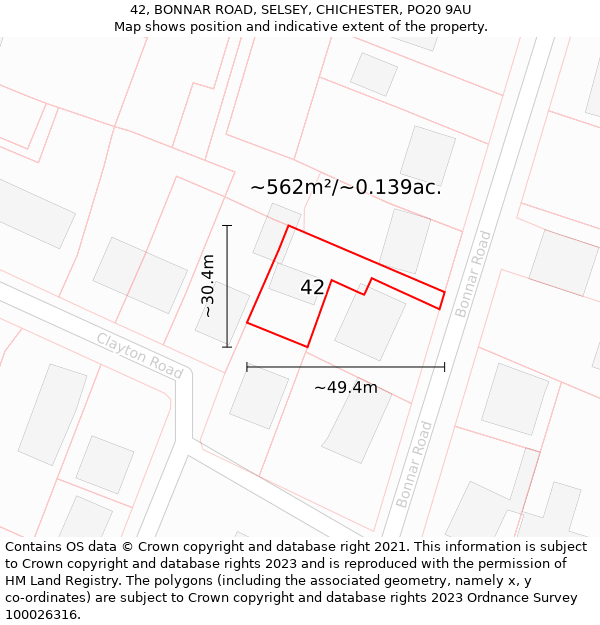 42, BONNAR ROAD, SELSEY, CHICHESTER, PO20 9AU: Plot and title map