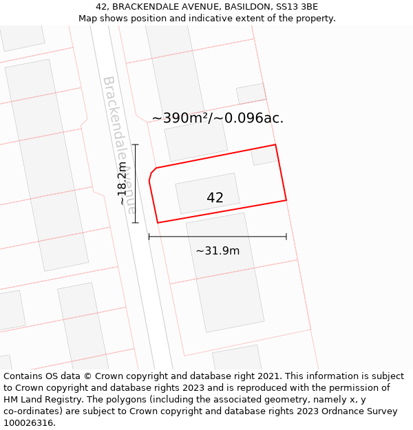 42, BRACKENDALE AVENUE, BASILDON, SS13 3BE: Plot and title map