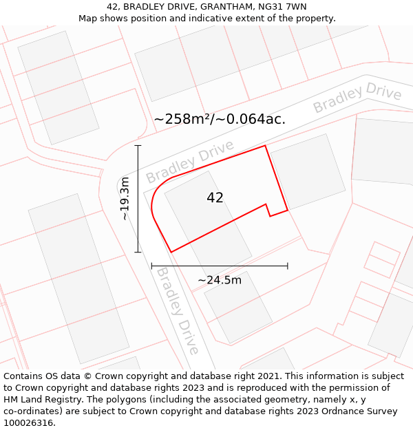 42, BRADLEY DRIVE, GRANTHAM, NG31 7WN: Plot and title map