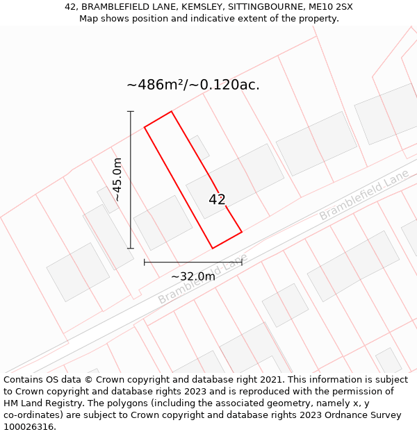 42, BRAMBLEFIELD LANE, KEMSLEY, SITTINGBOURNE, ME10 2SX: Plot and title map