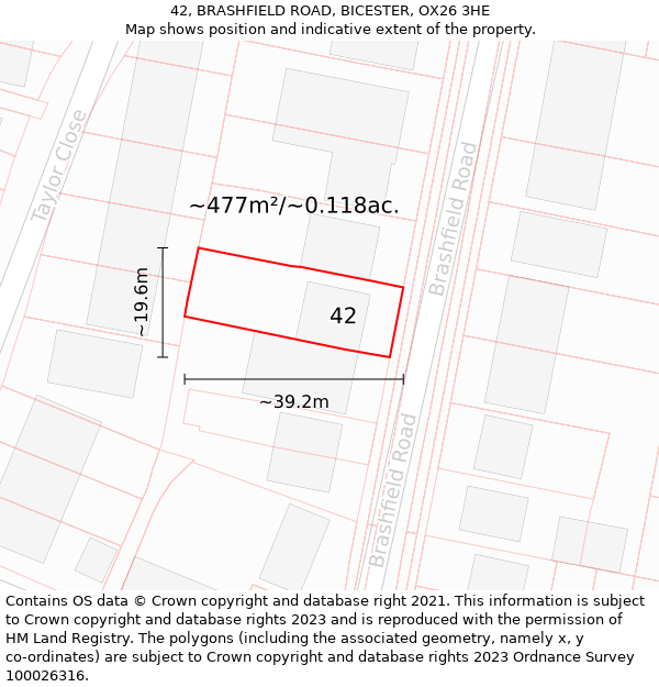 42, BRASHFIELD ROAD, BICESTER, OX26 3HE: Plot and title map