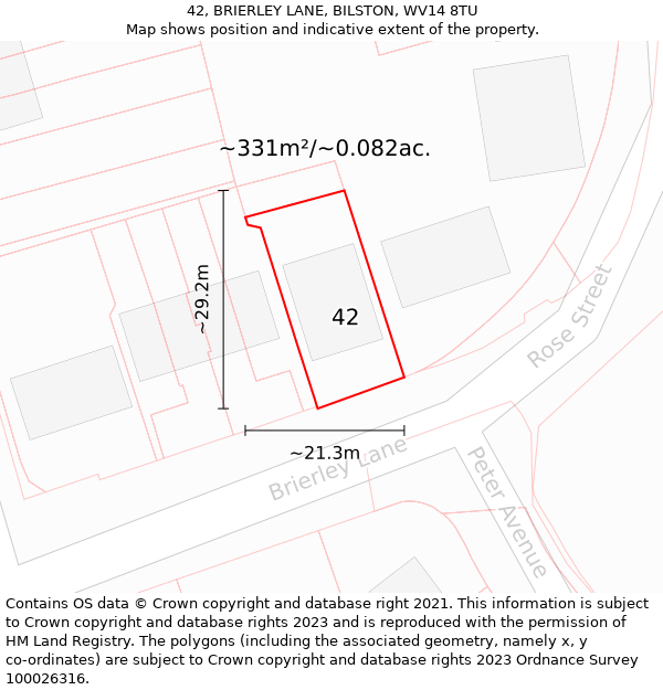 42, BRIERLEY LANE, BILSTON, WV14 8TU: Plot and title map